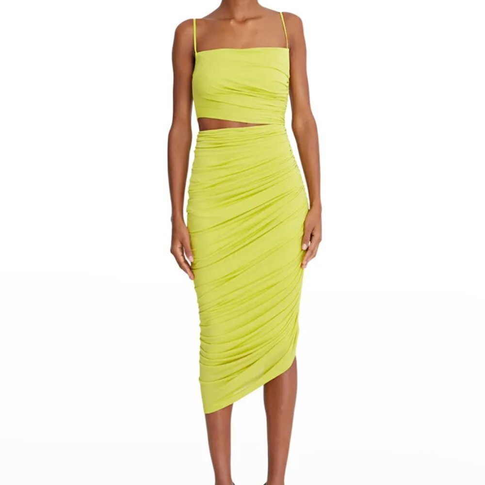 NEW Halston Averie Ruched Lime Green Cutout Midi Dress